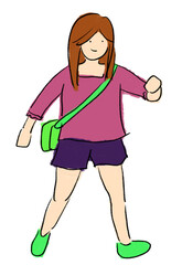 People long hair woman at airport cartoon hand drawing illustration