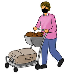 Mask Man with luggage cart at airport cartoon hand drawing illustration