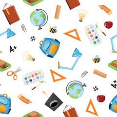Seamless pattern with school supplies on white background. 