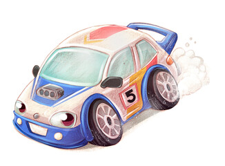 Cartoon of a funny sports car with eyes running fast. - 522455249