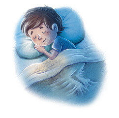 Illustration of boy sleeping happily and peacefully in bed - 522455250