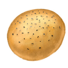 Fresh baked black sesame wheat healthy bread bun hand drawn illustration