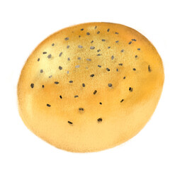 Fresh baked black sesame wheat healthy bread bun hand drawn illustration