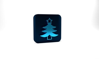 Blue Christmas tree icon isolated on grey background. Merry Christmas and Happy New Year. Blue square button. 3d illustration 3D render