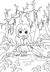 Cute girl in the forest with a soft toy and a knife. Coloring book for children and adults. Chibi. Gothic.