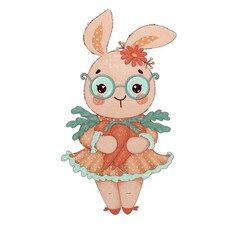 Cute cartoon rabbit girl with carrots in her hands. Easter bunny. Whimsical bunny character. Nursery art. Childish print 