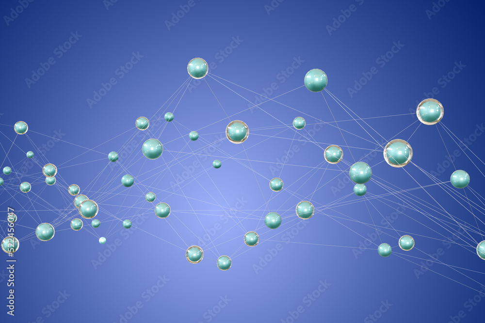 Poster scientific background. round cells are connected by thin threads. concept of communication between n