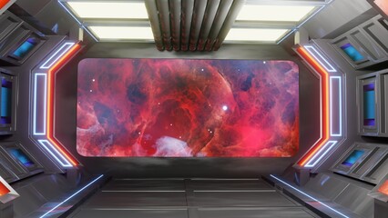 The Deep Space Nebula. The captain's bridge of the future spacecraft, the interior of the command post and the starry space behind the porthole. 3D illustration © Konst