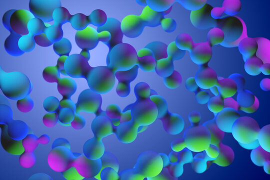 Neon background. Design on science theme. Cells are interconnected. Abstract science background. Cells made up of balls. Concept of scientific research. Blue purple science background. 3d image.