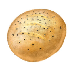 Fresh baked black sesame wheat healthy bread bun hand drawn illustration