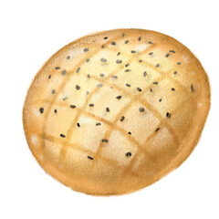 Fresh baked black sesame wheat healthy bread bun hand drawn illustration