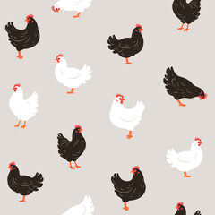 Seamless trendy pattern with chicken. Outline vector illustration for prints, clothing, packaging and postcards.
