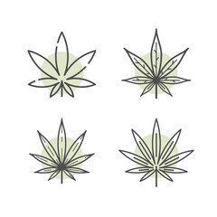 Geometric emblem of cannabis. Set of 4 geometric shape. Modern linear design sign. Modern abstract linear shape and trendy decor elements.