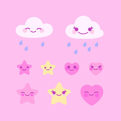 Cartoon fabulous linear design sign -  heart, star, cloud. Stylized vector element for prints, clothing,pattern, packaging and postcards.