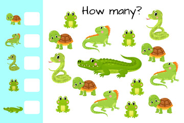 Counting game, count green animals and write result. Kids educational logic game. Educational printable math worksheet. Vector illustration isolated on white background.