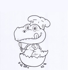 cartoon black and white line drawing dinosaur chef