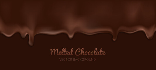 Dripping melted dark or milk chocolate isolated on brown banner background. Realistic illustration of brown cream sauce or syrup flow. Horizontal border site elements. Vector 3d drops of liquid cocoa