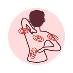 Back and muscle aches icon. Person suffering from pain in the back and muscle. Neck pain. Trapezius muscle spasm. Shoulder pain. The human spine hurt.