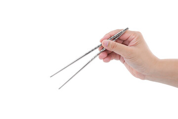 Man's hand holding stainless steel chopsticks on transparent background, Png file	