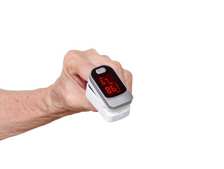 Measurement of blood oxygen and pulse with Pulse oximeter on index finger of elderly hand on transparent background, Png file