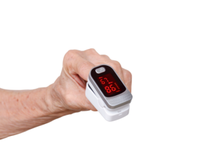Measurement of blood oxygen and pulse with Pulse oximeter on index finger of elderly hand on transparent background, Png file