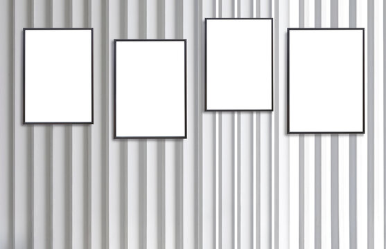 4 transparent picture frames on white wooden plank wall background, Png file