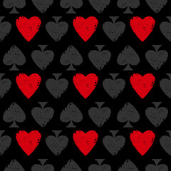 Grunge Seamless pattern with spades and hearts. Scratched Casino gambling, poker background.