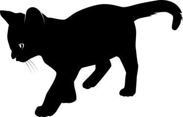 black silhouette of walking kitten with eyes, half profile view, vector illustratin isolated on white background