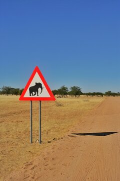 Roadside Elephant road crossing sign, Namib Desert, Namibia