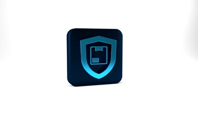 Blue Delivery security with shield icon isolated on grey background. Delivery insurance. Insured cardboard boxes beyond the shield. Blue square button. 3d illustration 3D render