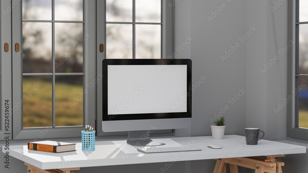 Poster blank screen desktop computer in a minimal office room with decorations and copy space, 3d rendering
