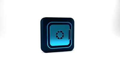 Blue Safe icon isolated on grey background. The door safe a bank vault with a combination lock. Reliable Data Protection. Blue square button. 3d illustration 3D render