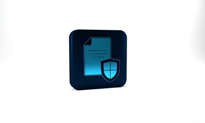 Blue Contract with shield icon isolated on grey background. Insurance concept. Security, safety, protection, protect concept. Blue square button. 3d illustration 3D render