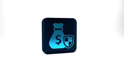 Blue Money bag with shield icon isolated on grey background. Insurance concept. Security, safety, protection, protect concept. Blue square button. 3d illustration 3D render