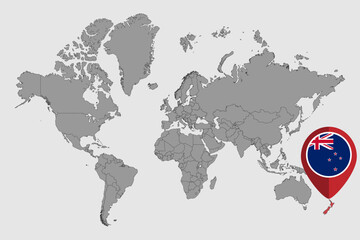 Pin map with New Zealand flag on world map. Vector illustration.