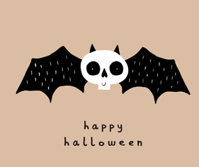 Happy Halloween. Funny Vector Illustration with Creepy Dead Bat. Cute Hand Drawn Flying Bat with Kawaii Style Skull Head on a Beige Background. Infantile Style Halloween Print ideal for Card, Poster.