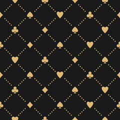 Golden seamless pattern with card suits - hearts, clubs, spades and diamonds. Casino gambling, poker wallpaper. Alice in wonderland ornament on black background - obrazy, fototapety, plakaty