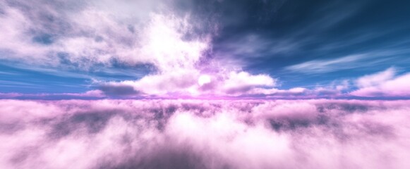 ,Beautiful cloud landscape above the clouds at sunset, clouds panorama at sunrise, flight above the clouds, 3d rendering