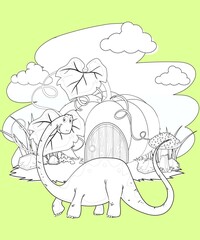 kids color page. Cute cartoon with mountain and Dinosaur coloring pages for boys and girls,
