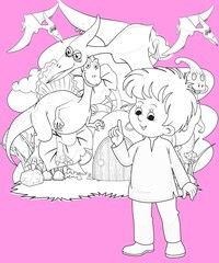 kids color page. Cute cartoon with mountain and Dinosaur coloring pages for boys and girls,