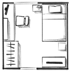 Single bedroom house furniture plan top view hand drawn layout illustration