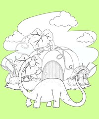 kids color page. Cute cartoon with mountain and Dinosaur coloring pages for boys and girls,
