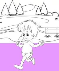 kids color page. Cute cartoon with mountain and Dinosaur coloring pages for boys and girls,