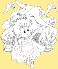 kids color page. Cute cartoon with mountain and Dinosaur coloring pages for boys and girls,