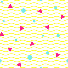 Abstract ornament with waves, circles and pink triangles. confetti on white background. Geometric seamless texture. Carnival, party, celebration pattern. Memphis wallpaper.