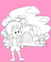 kids color page. Cute cartoon with mountain and Dinosaur coloring pages for boys and girls,