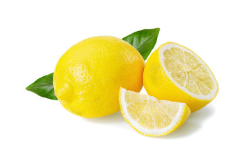 Whole lemon with leaves, half and quarter isolated on white background.
