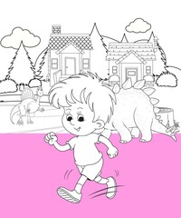 kids color page. Cute cartoon with mountain and Dinosaur coloring pages for boys and girls,