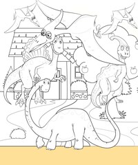 kids color page. Cute cartoon with mountain and Dinosaur coloring pages for boys and girls,