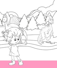 kids color page. Cute cartoon with mountain and Dinosaur coloring pages for boys and girls,